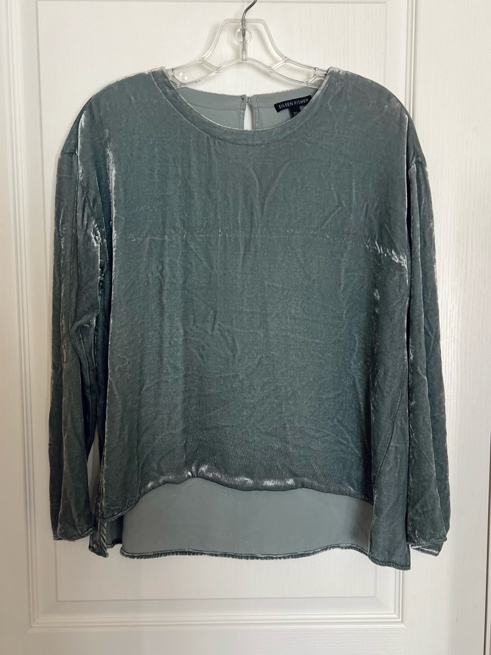 Eileen Fisher Dusty Sage Silk-blend Velvet Long Sleeve Top Relaxed Fit